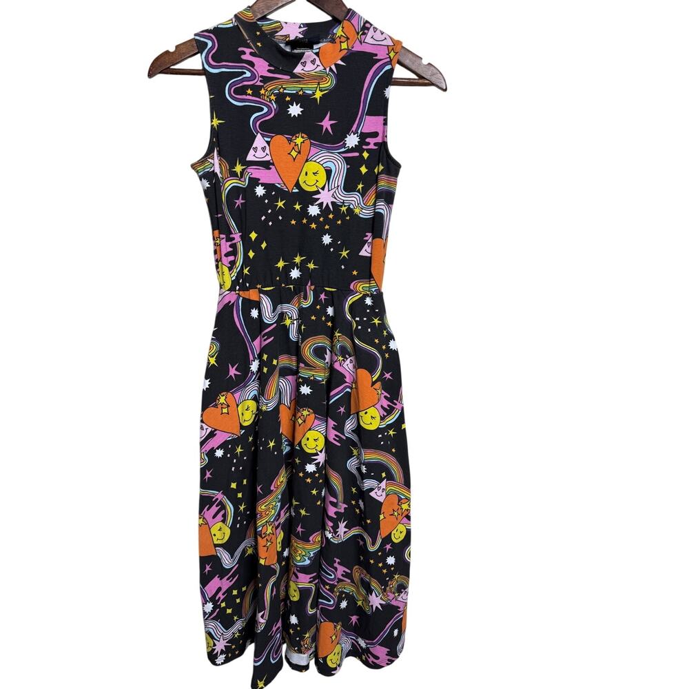 Nooworks Better Days Rainbow Heart Smiley Cosmic Print Midi Dress size XS